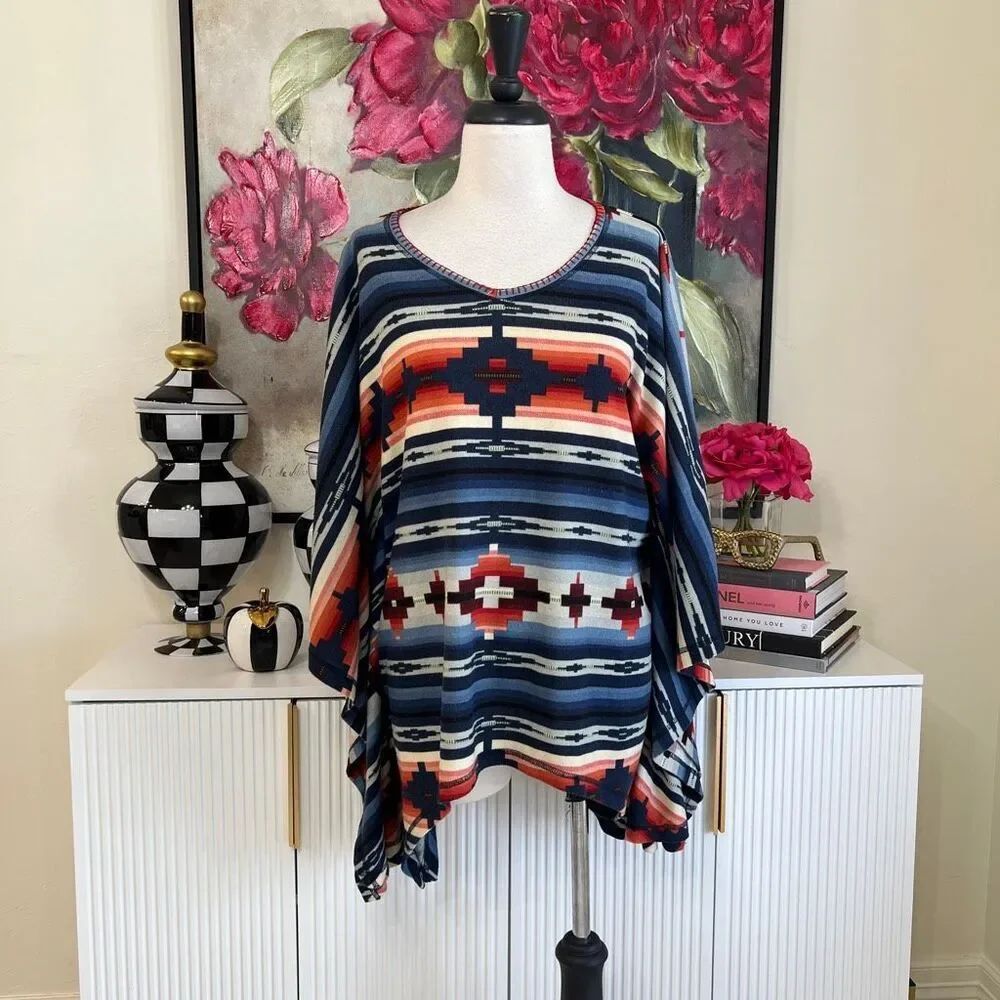 Double D Ranch Women's Bena Southwestern Aztec Blanket Poncho Blue Red Sz Medium